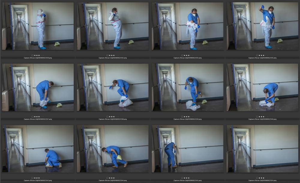 The sequence of images above features a nurse after visiting Covid patients in Fecamp, France, in 2020 and was taken by photographer Jean Gaumy