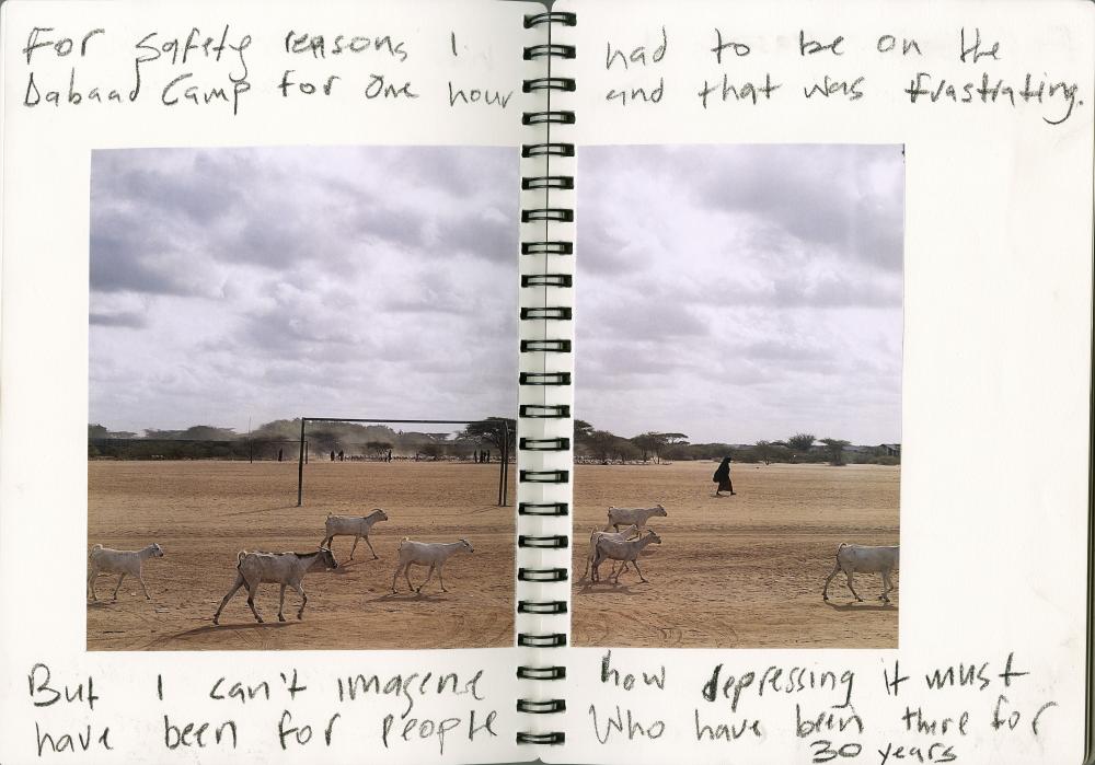The image was taken by Lindokuhle Sobekwa at the Dagahaley Camp sports field in Dadaab, Kenya, in 2021. It is part of the story "Collages of Refugees from the Dadaab Camp"